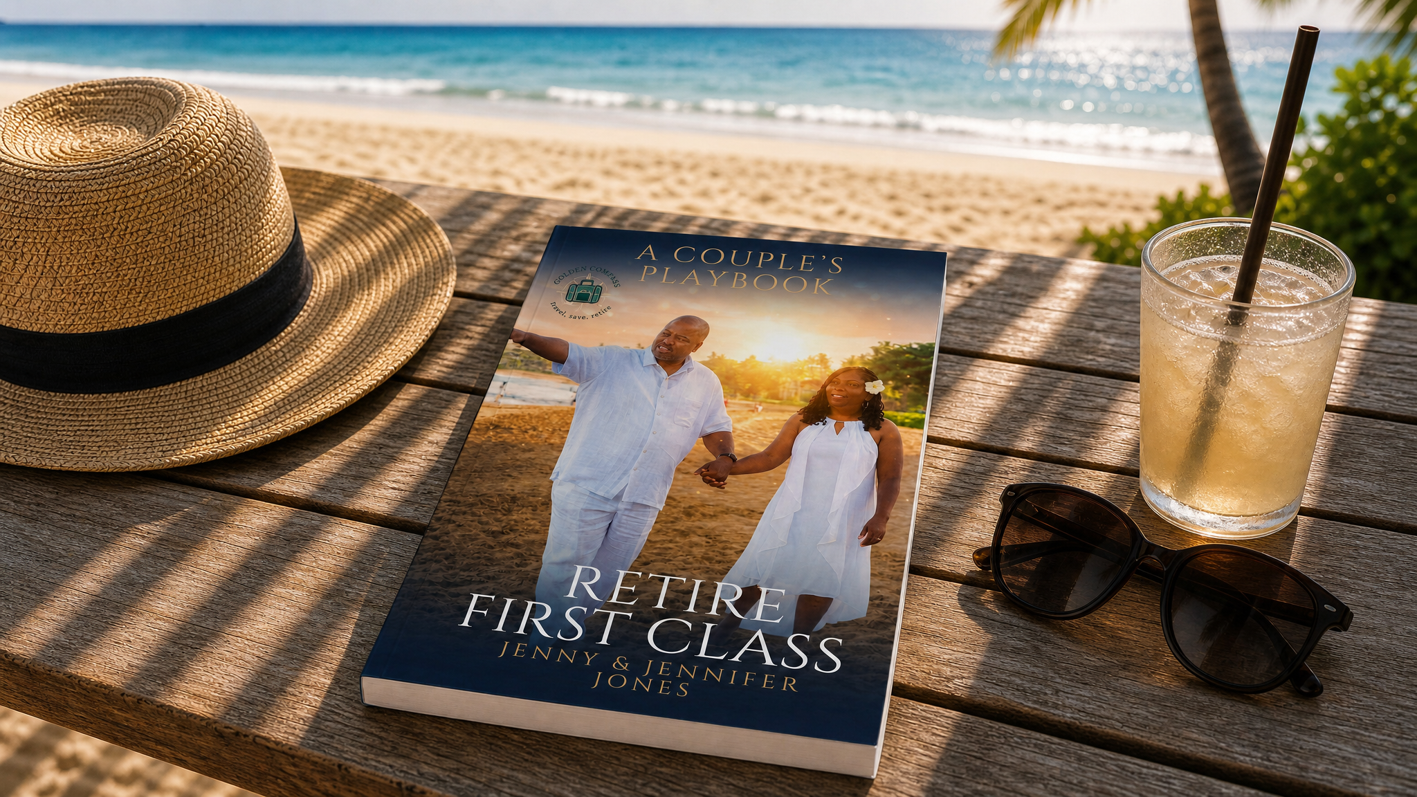 Retire First Class book by Jenny & Jennifer Jones resting on a beachside table